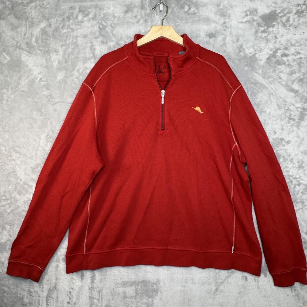 Tommy Bahama Relax Sweatshirt Mens 2XL Red Quarter Zip Mock Neck Marlin Logo